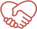 A red heart shaped handshake on a green background.