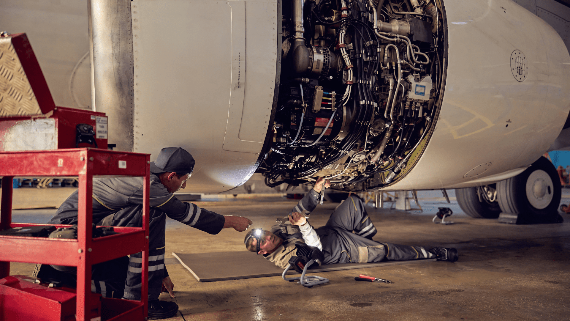 Aviation mechanic working on an airplane engine.